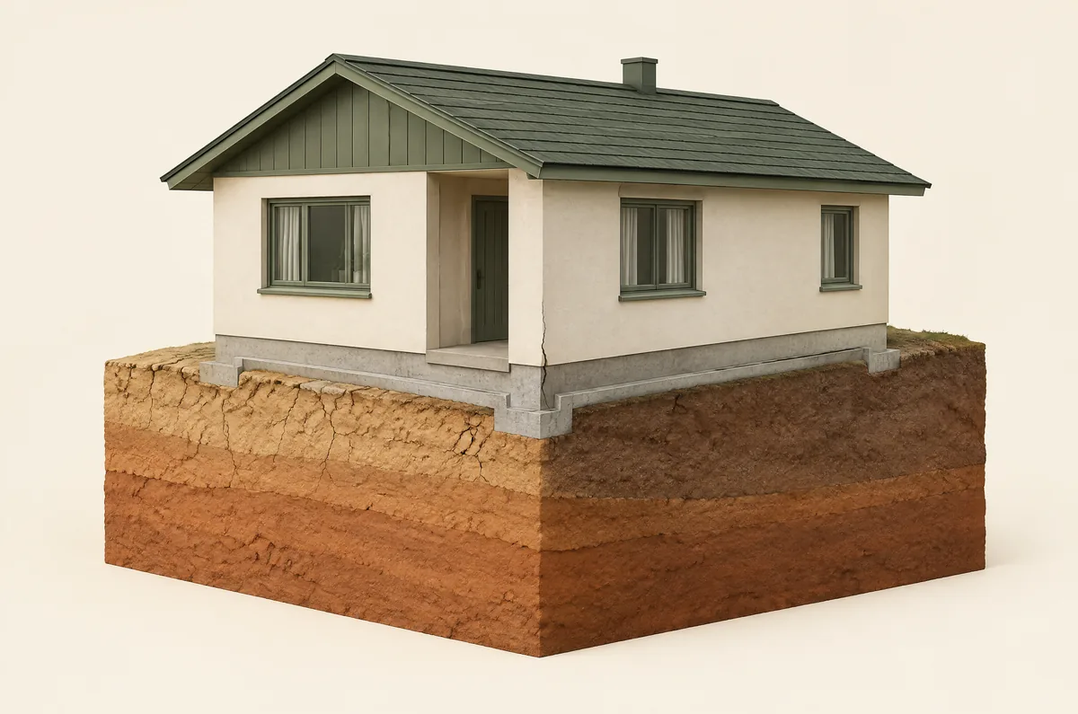 Coupe pédagogique d’une maison sur sol argileux, montrant une zone sèche rétractée et une zone plus humide sous les fondations.