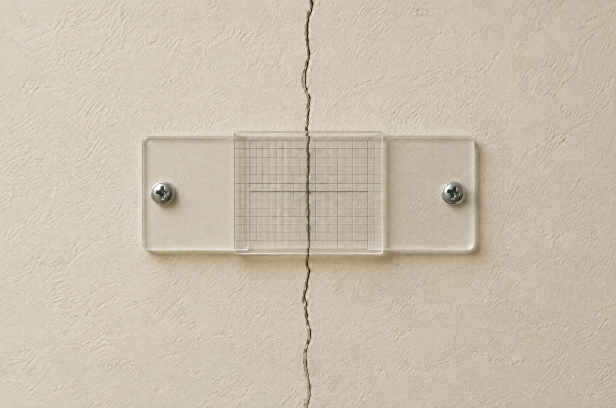 Illustration d’une jauge transparente fixée de part et d’autre d’une fissure pour représenter son suivi.